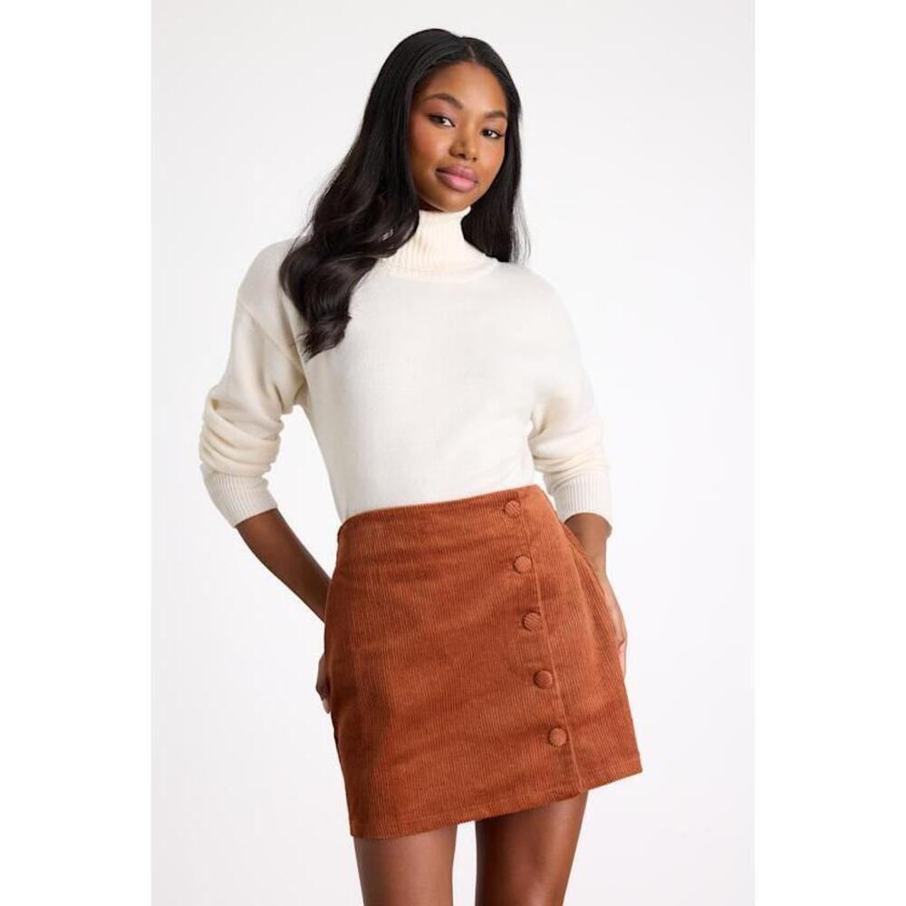 Lulus Katherina Rust Brown Button Front Corduroy Skirt - Size S